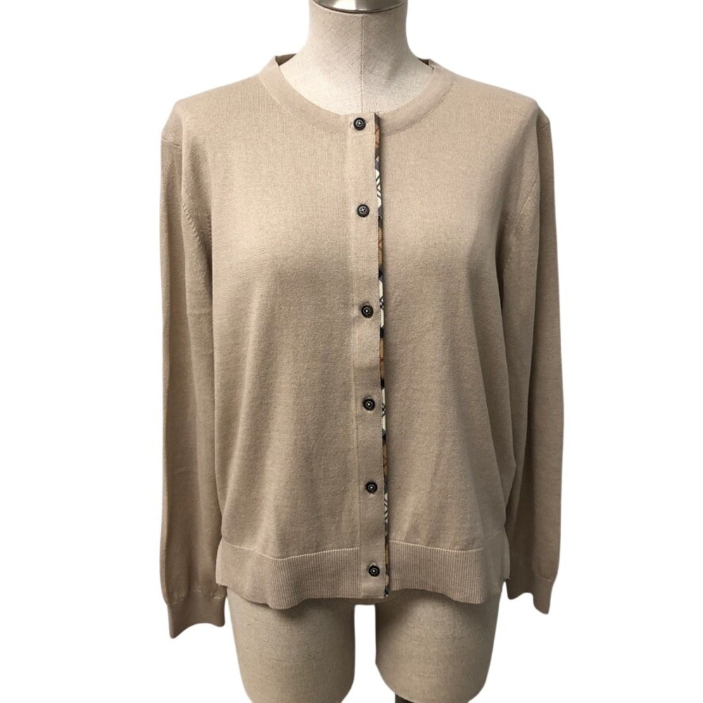 Barbour Cardigan Womens 12 Tan Cotton Cashmere Plaid Elbow Patch Preppy Classic